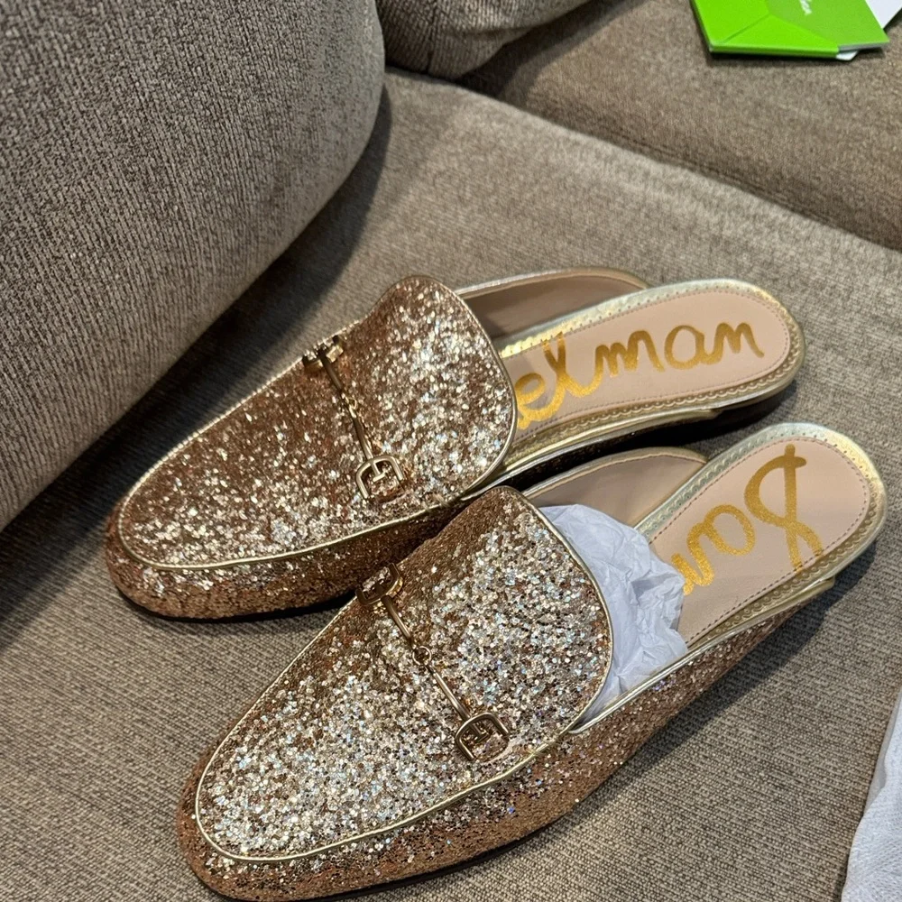 Gold Glitter Slip-On Mule Loafer 8M - Picture 1 of 6